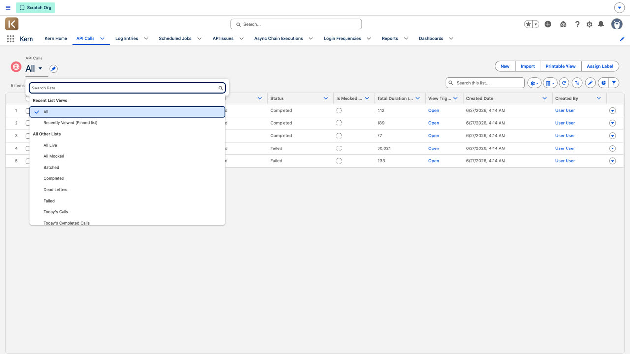 The API Calls list-view picker, with ready-made views like Today's Calls, Today's Failed Calls, and Dead Letters.