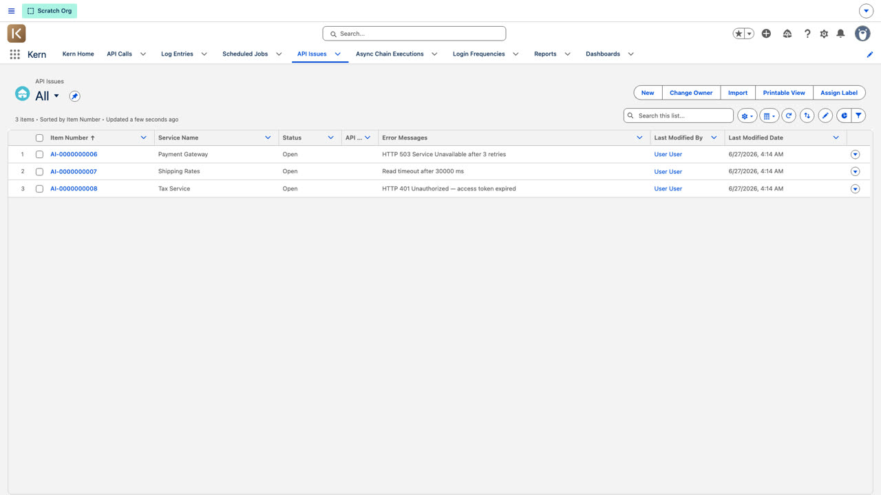 The API Issues queue: failed integration calls with their service, error, and request details.